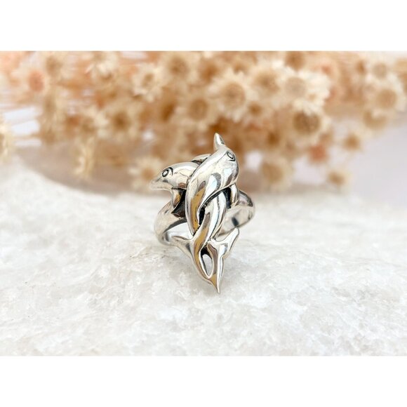 Interlocking Twin Dolphin Figural 925 Sterling Silver Unisex Vintage Ring - sz 6 - Picture 11 of 11